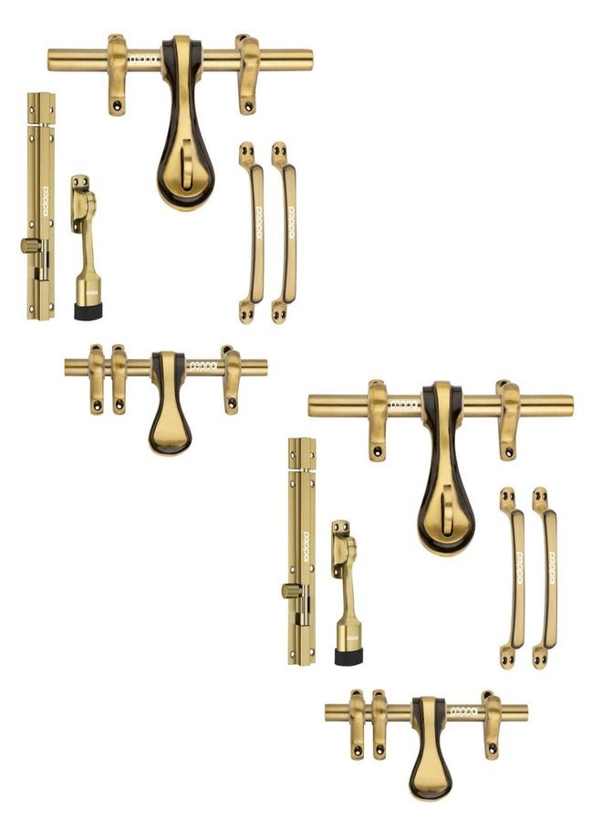 Peppa Antique Brass Finish Standard Size Door Fitting Accessories Premium Kit (Front Aldrop,Back Latch,Two Handles, Door Stopper &Tower Bolt, Golden, 6 Count) (Pack of 2) - Image 1